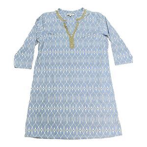 Sunsets & Sweet Tea Womens Blue & White Gold Geometric Tunic Dress Midi Summer